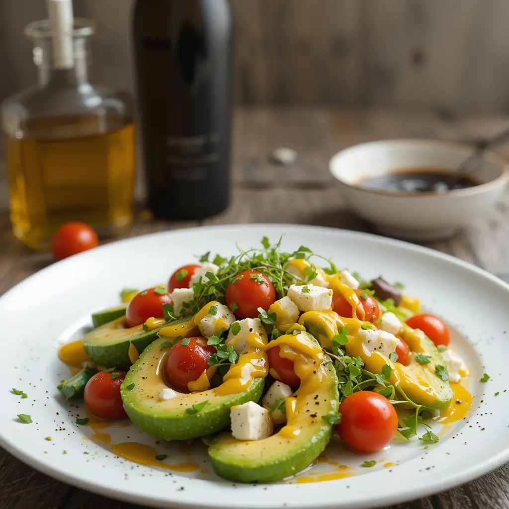 Salade artistique d’avocat à la feta sur assiette blanche