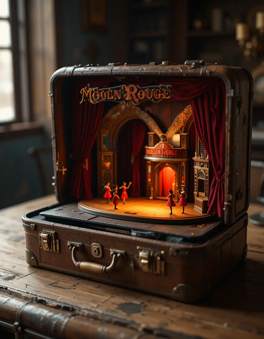 Teatro in miniatura dentro di una vecchia valigia crepata con ballerini