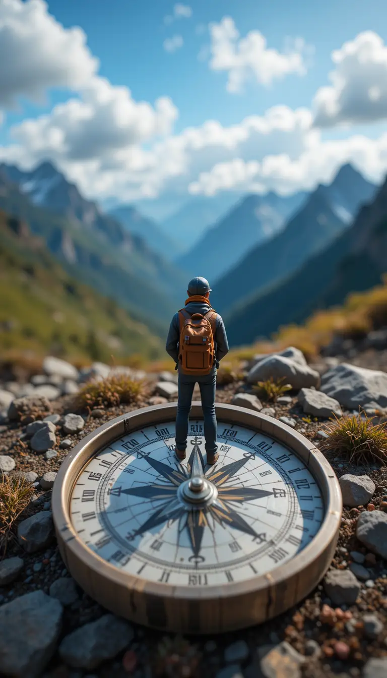 Miniaturwanderer, der auf einem Kompass des Abenteuers steht