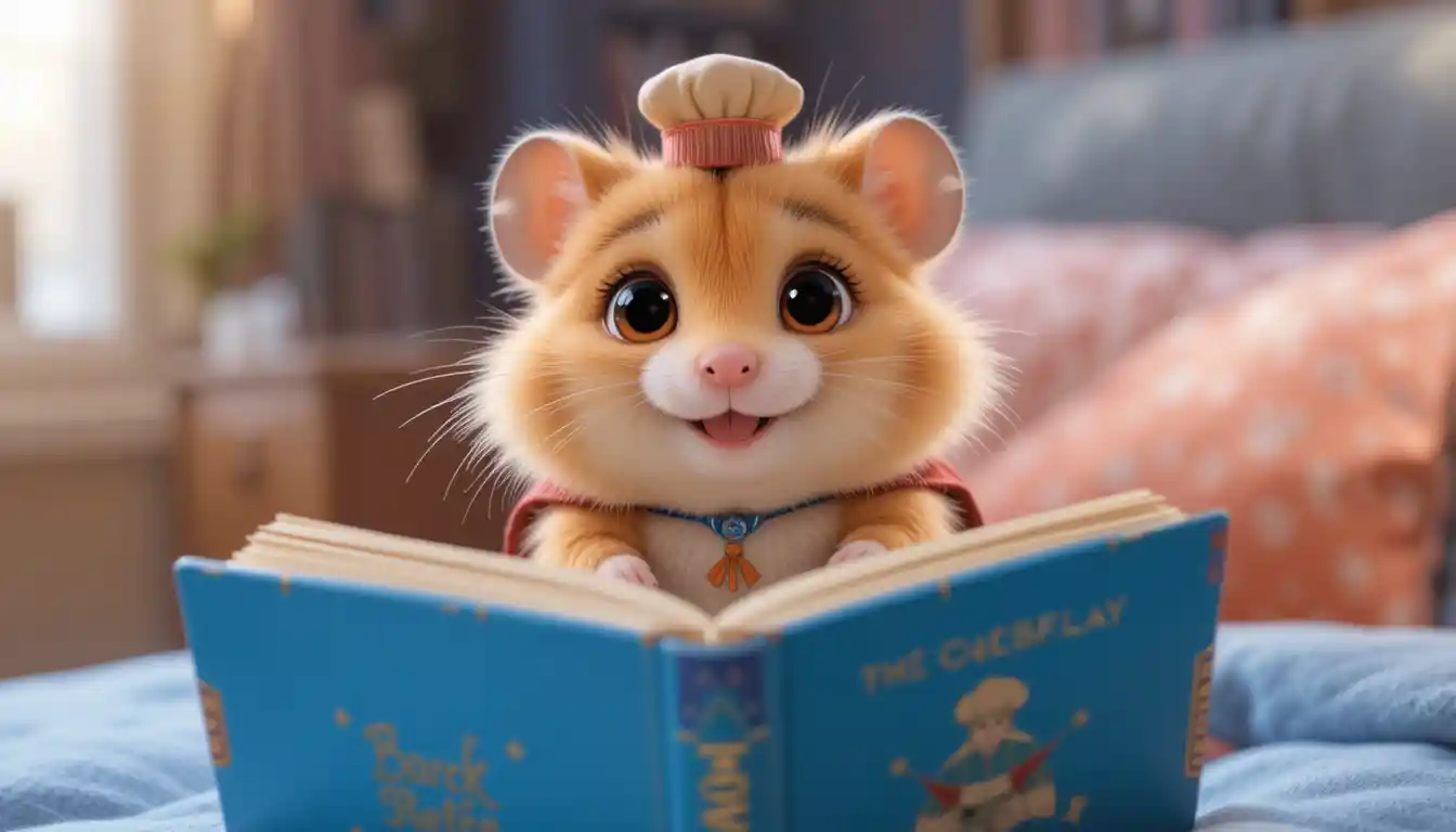 Dolce criceto 3D in pigiama che legge una storia della buonanotte