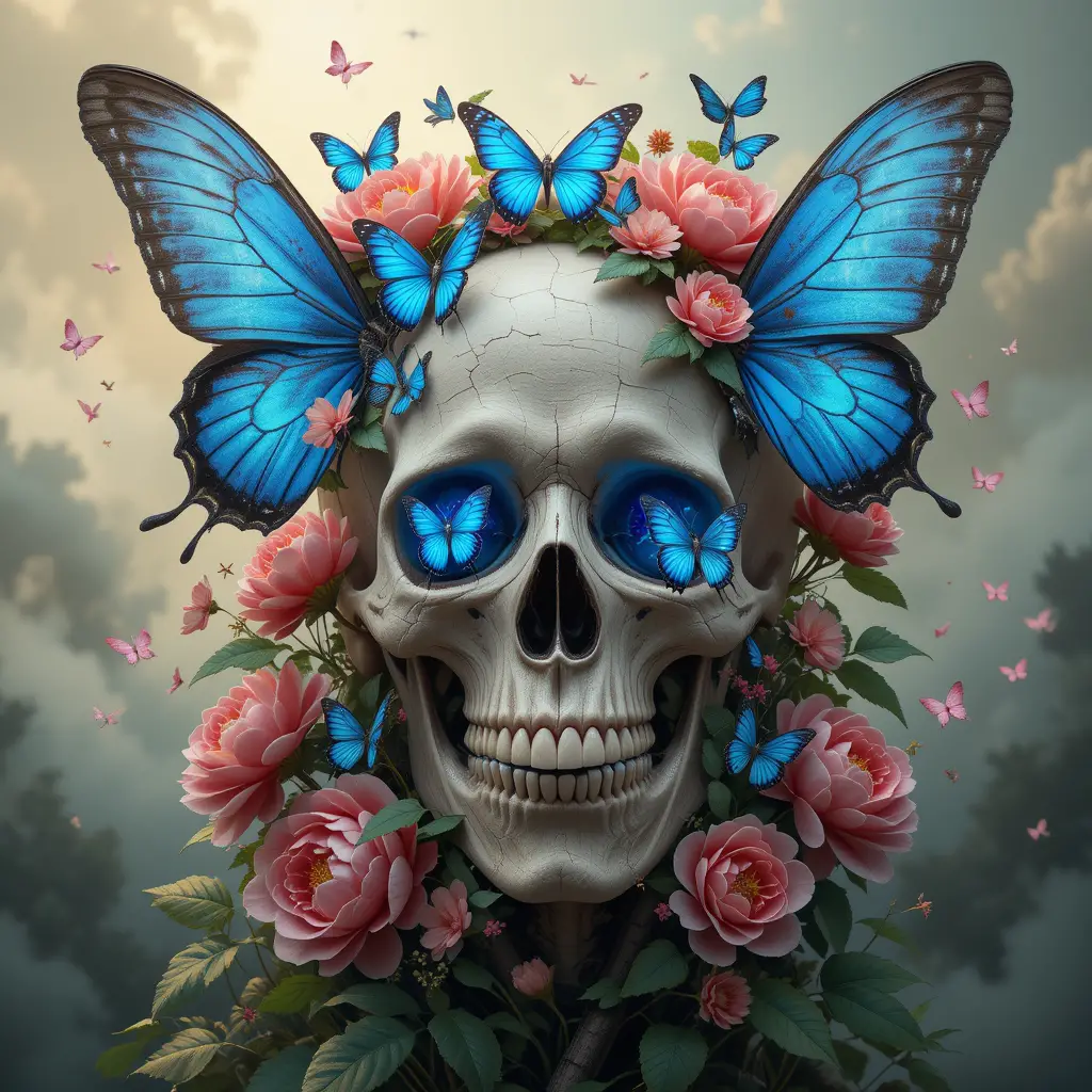 Surrealer Schädel mit Schmetterlingen und blühenden Blumen