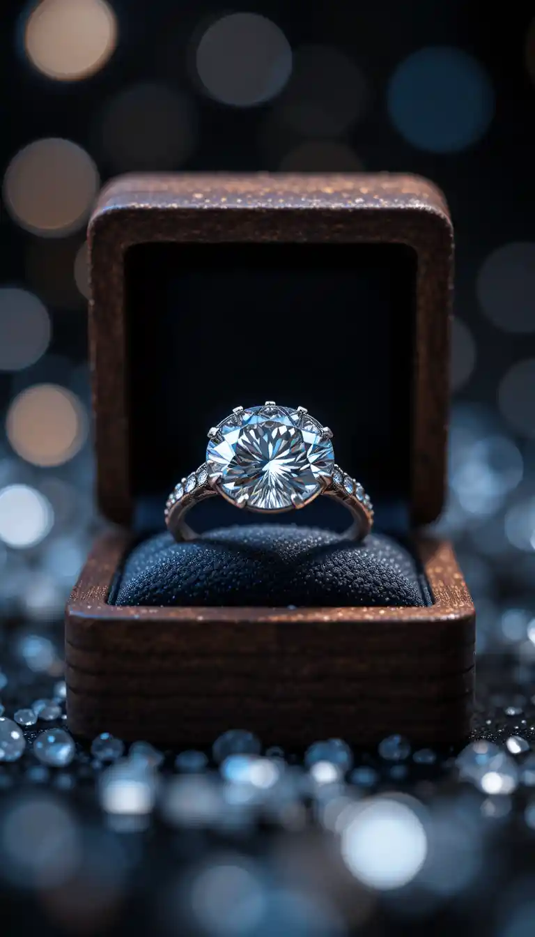 Close up diamond ring in wooden box on black background