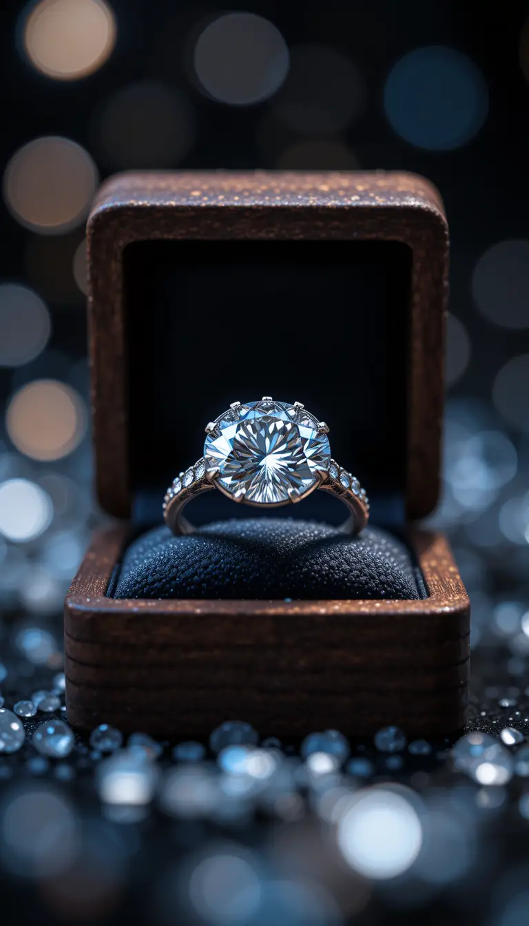 Nahaufnahme eines Diamantrings in einer Holzkiste vor schwarzem Hintergrund