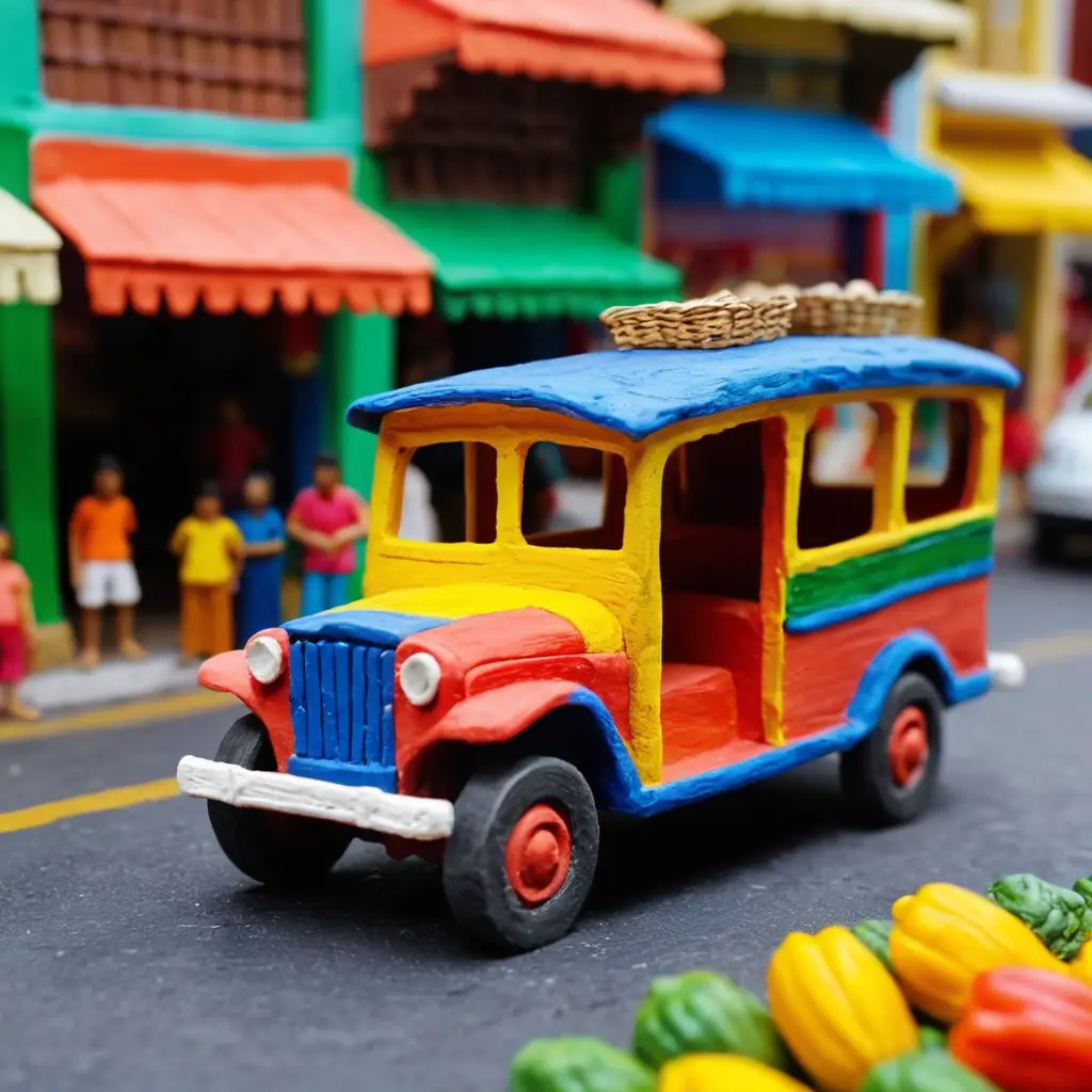 Buntes Jeepney aus Ton in einer belebten philippinischen Marktstraße