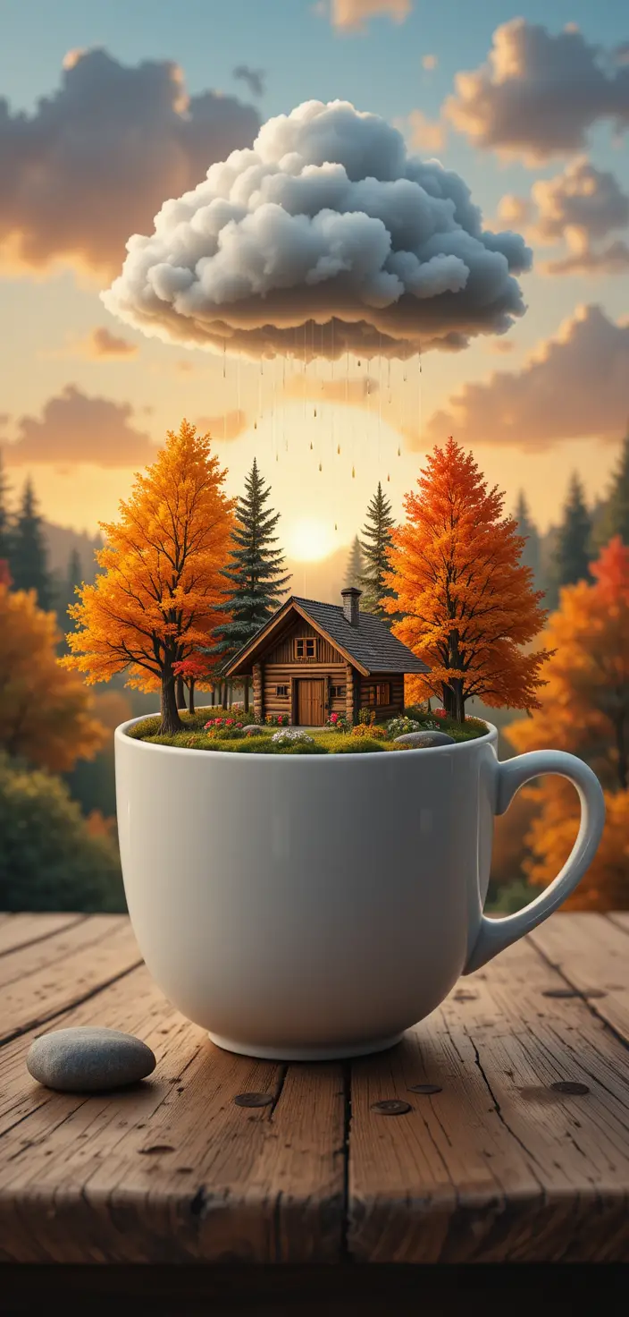 Accogliente baita in una tazza di caffè tra gli alberi autunnali