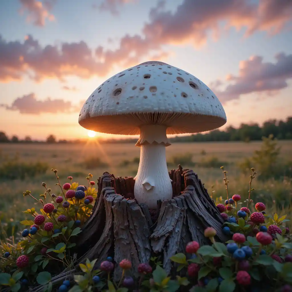 Close up of a white mushroom beside berries at sunset