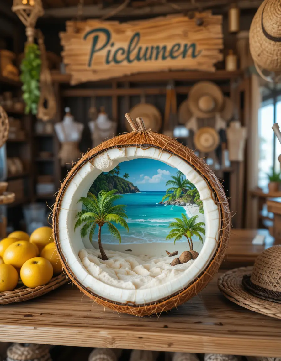 Miniatur-Tropenstrandwelt in einer hohlen Kokosnuss