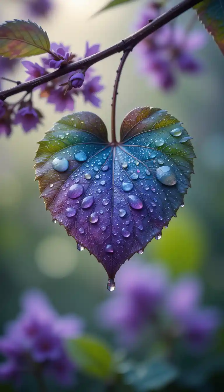Colorful heart shaped leaf with dew in soft focus
