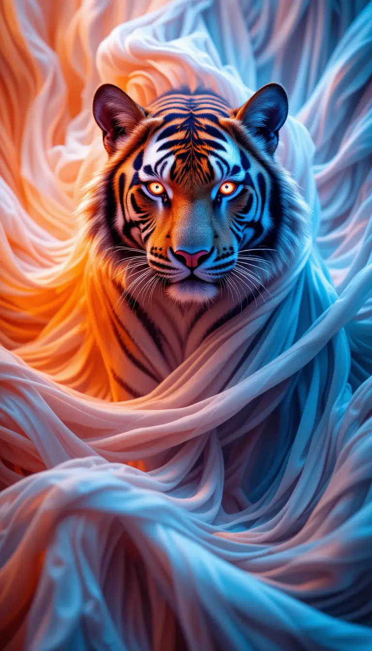 Tigre che si Fon­de con Sfondo Astratto Ipnòtico a Righe