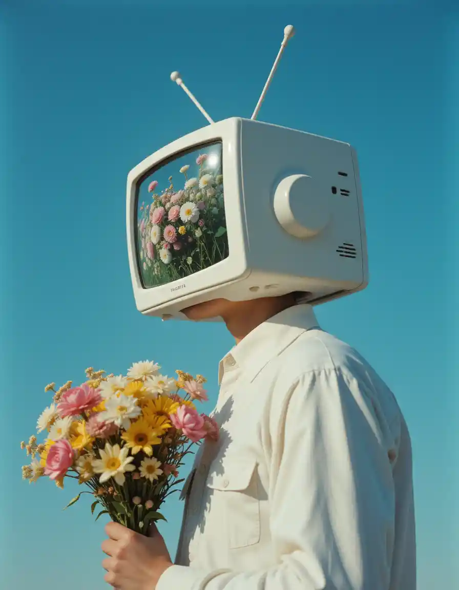 Uomo surreale con testa televisiva e fiori sotto il cielo blu