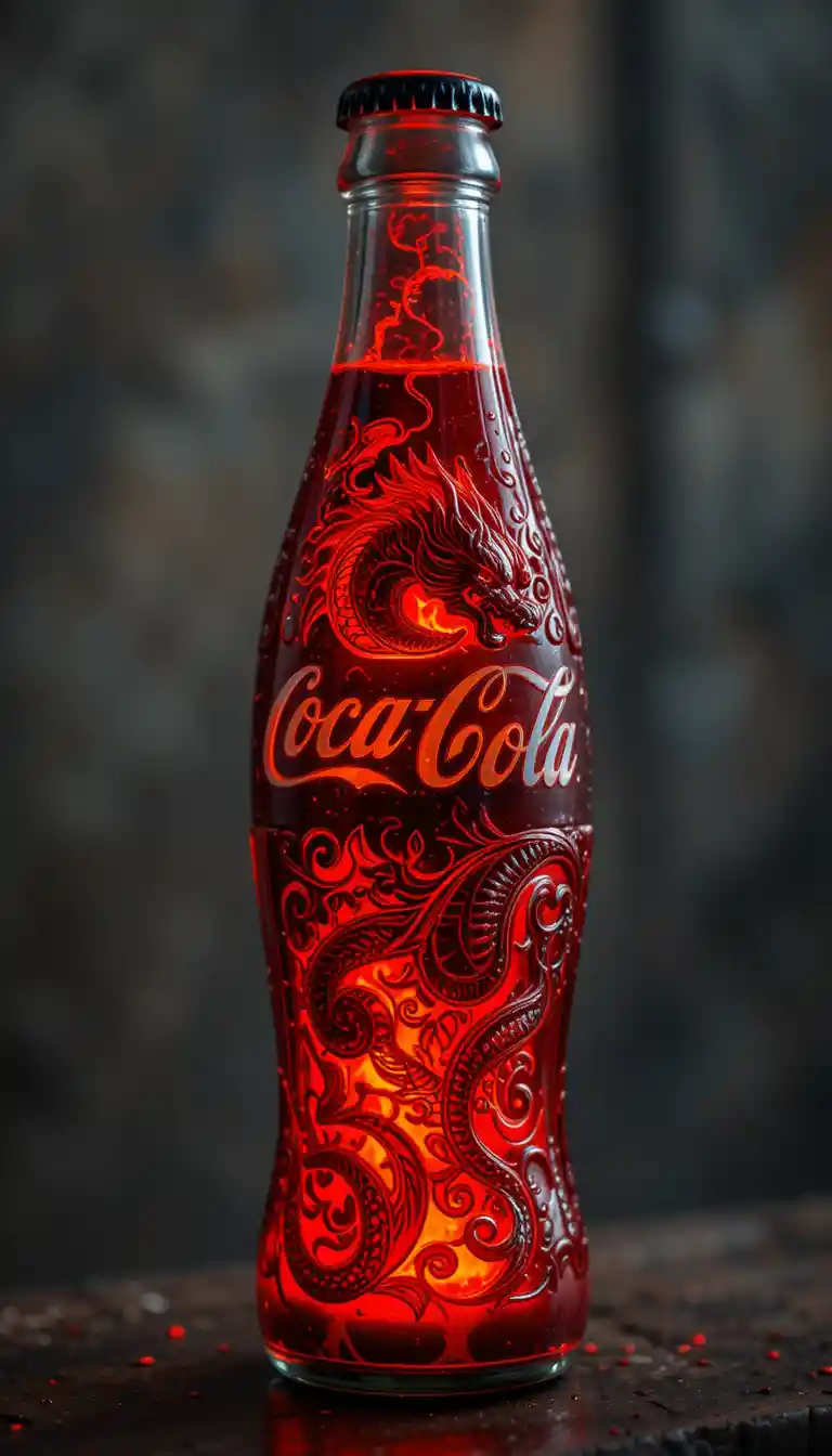 Bottiglia di cola scolpita a drago che brilla di fuoco rosso interno