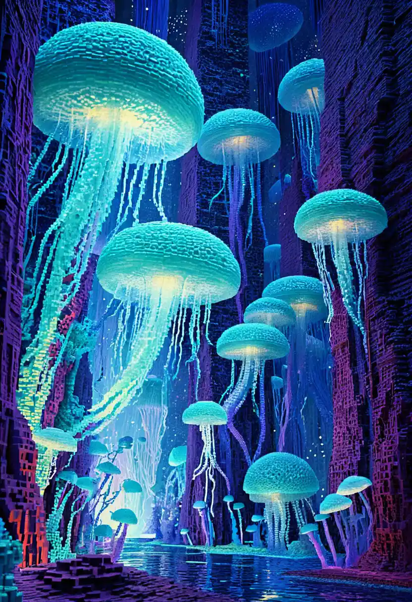 Glowing Voxel Jellyfish In A Deep Underwater Canyon