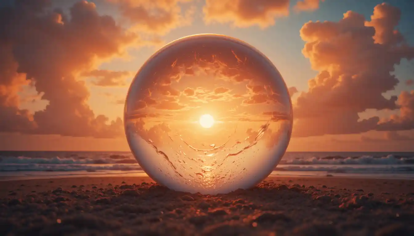 Sfera di cristallo sulla spiaggia con cielo caldo arancione e viola