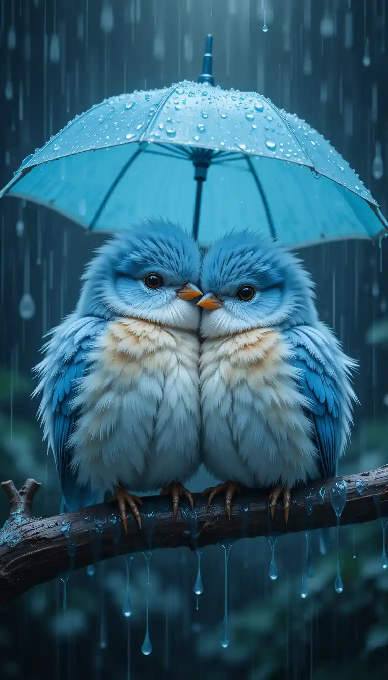 Deux oiseaux bleus blottis sous un parapluie sous la pluie