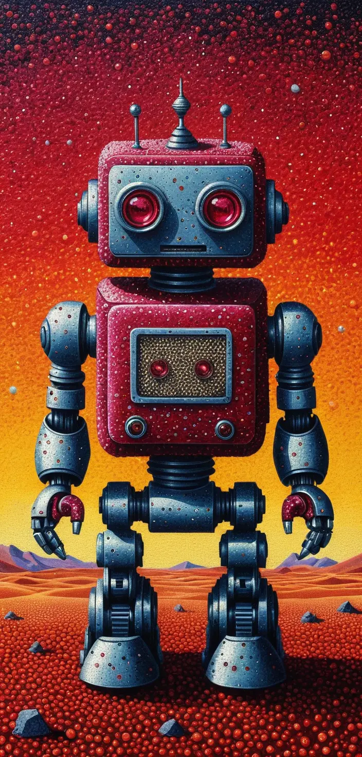 Buffo robot in velluto a coste in pittura fantasy puntinista