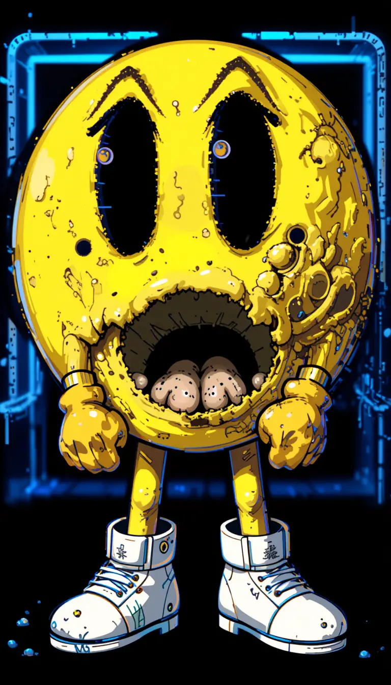 Cartoon-Pacman-Figur mit durchgestrichenen Augen und herausgestreckter Zunge