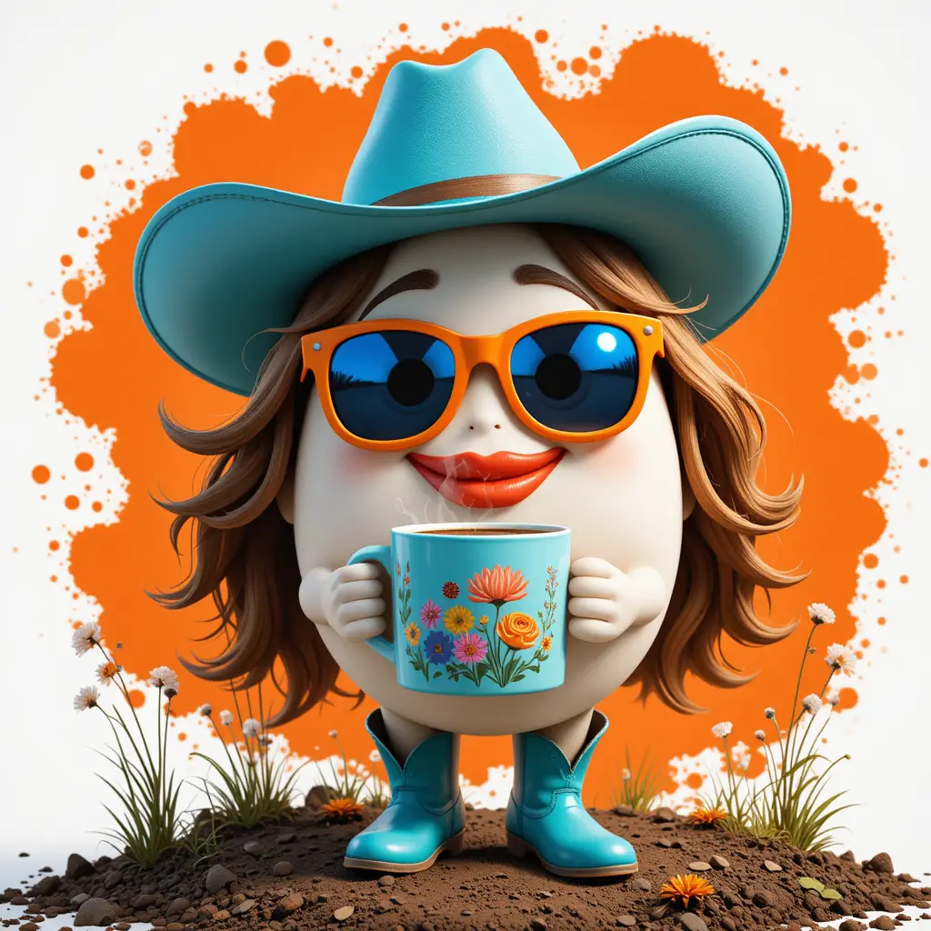 Cowgirl uovo antropomorfa con caffè su sfondo astratto