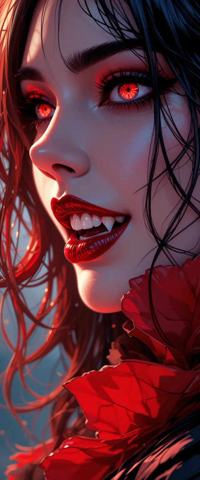 Anime-Nahaufnahme der karmesinroten Lippen und Reißzähne einer Vampirkönigin