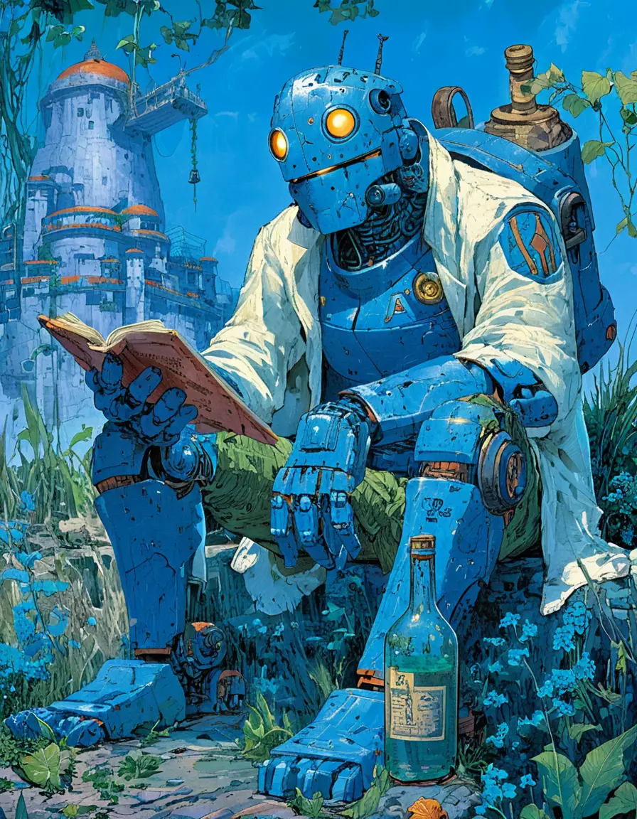 Blauer humanoider Roboter liest auf einem Felsen in Fantasy-Ruinen