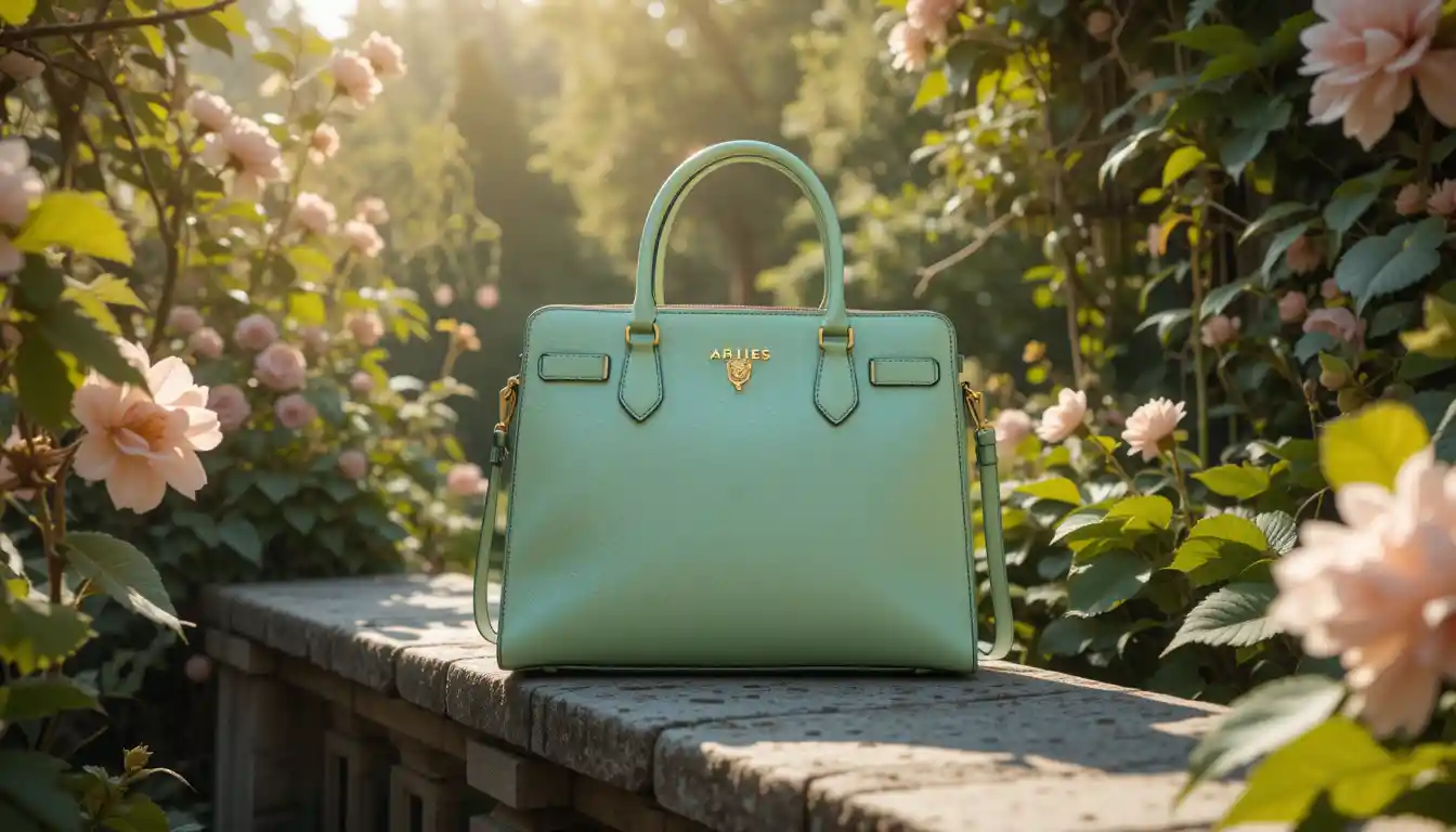 Pastel green luxury handbag on stone bench in garden