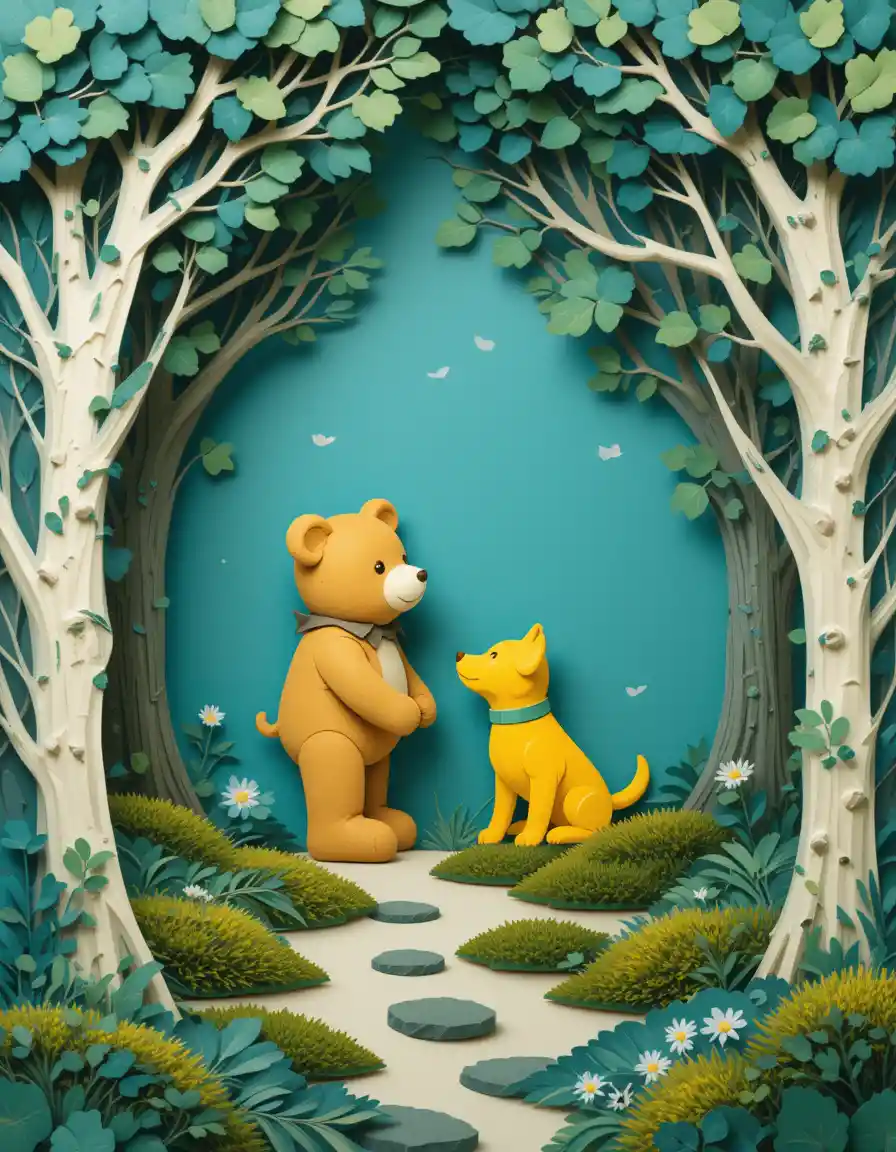 Paper cut forest scene with teddy bear and plush dog
