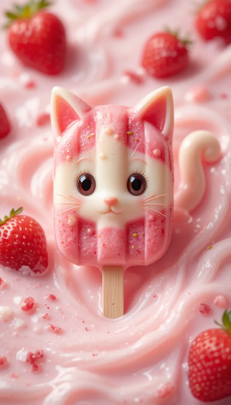 Cute kitten popsicle diving into strawberry milk splash