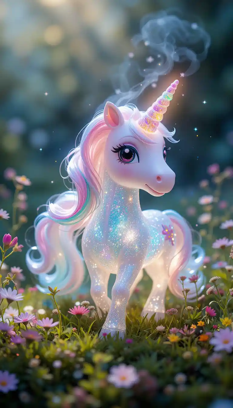Unicorn toy spreading magical light over a tiny meadow