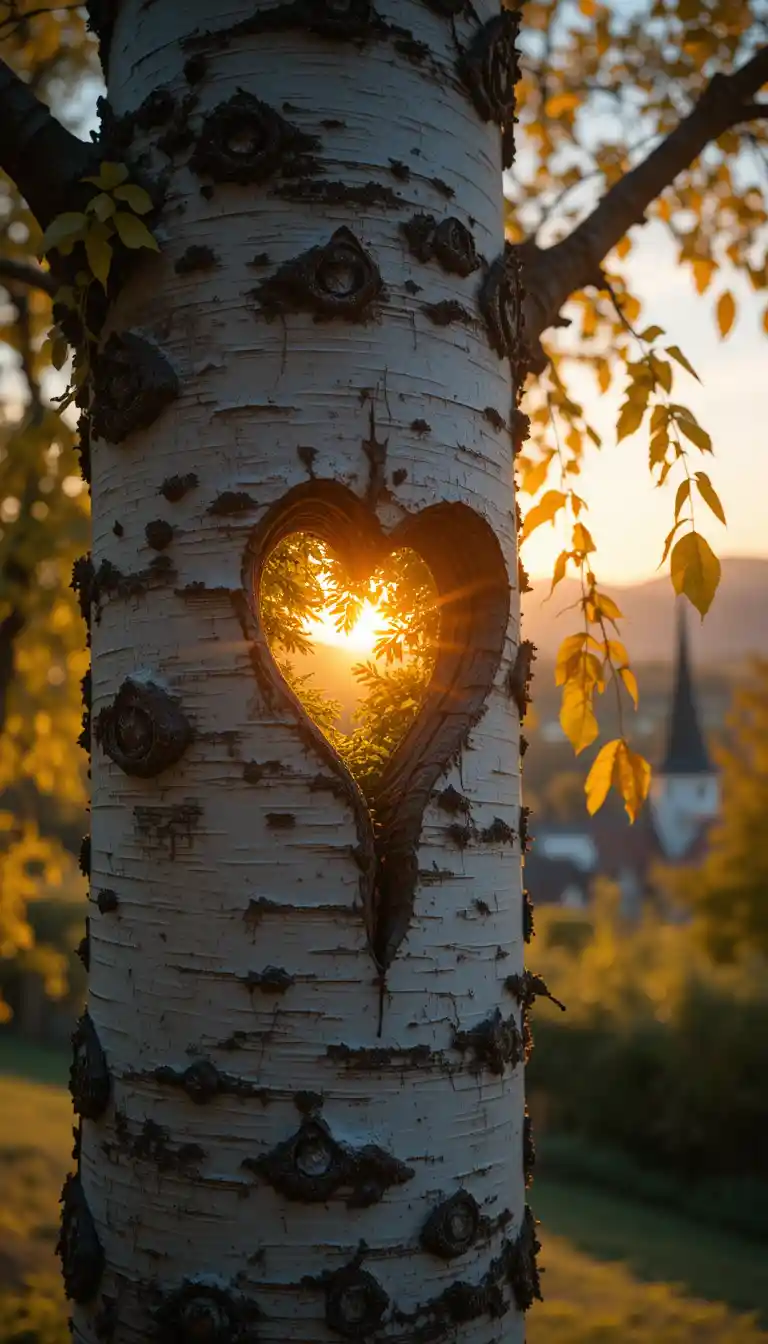 Close up birch tree trunk framing a glowing sunset