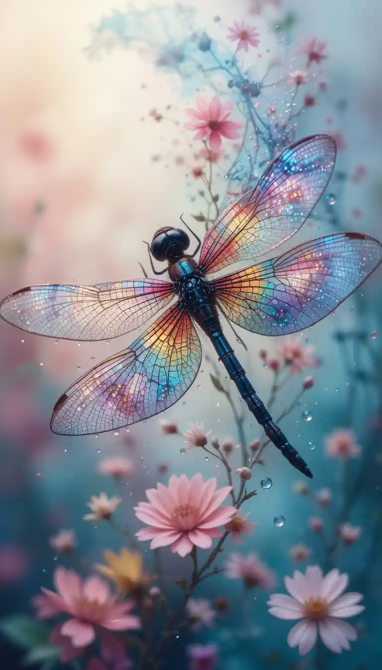 Dreamlike macro dragonfly with abstract watercolor background