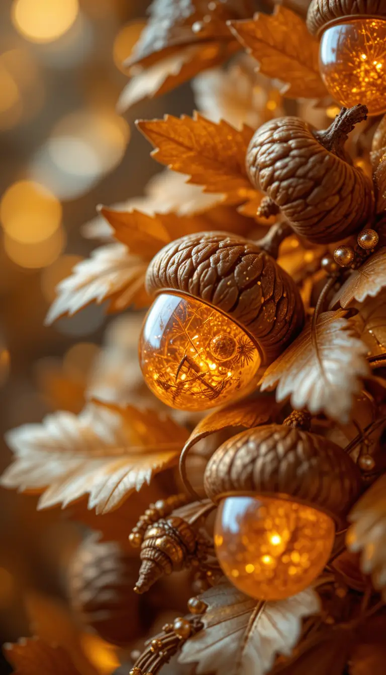 Glands et feuilles dorés sous une lumière ambrée éclatante