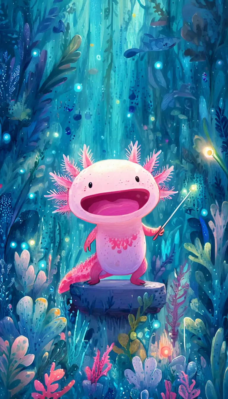 Dolce axolotl rosa con bacchetta luminosa sott’acqua