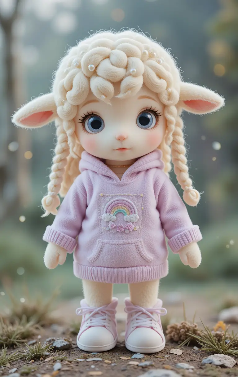 Süßes Lamm-Plüschmädchen im Lavendel-Hoodie mit Perlen