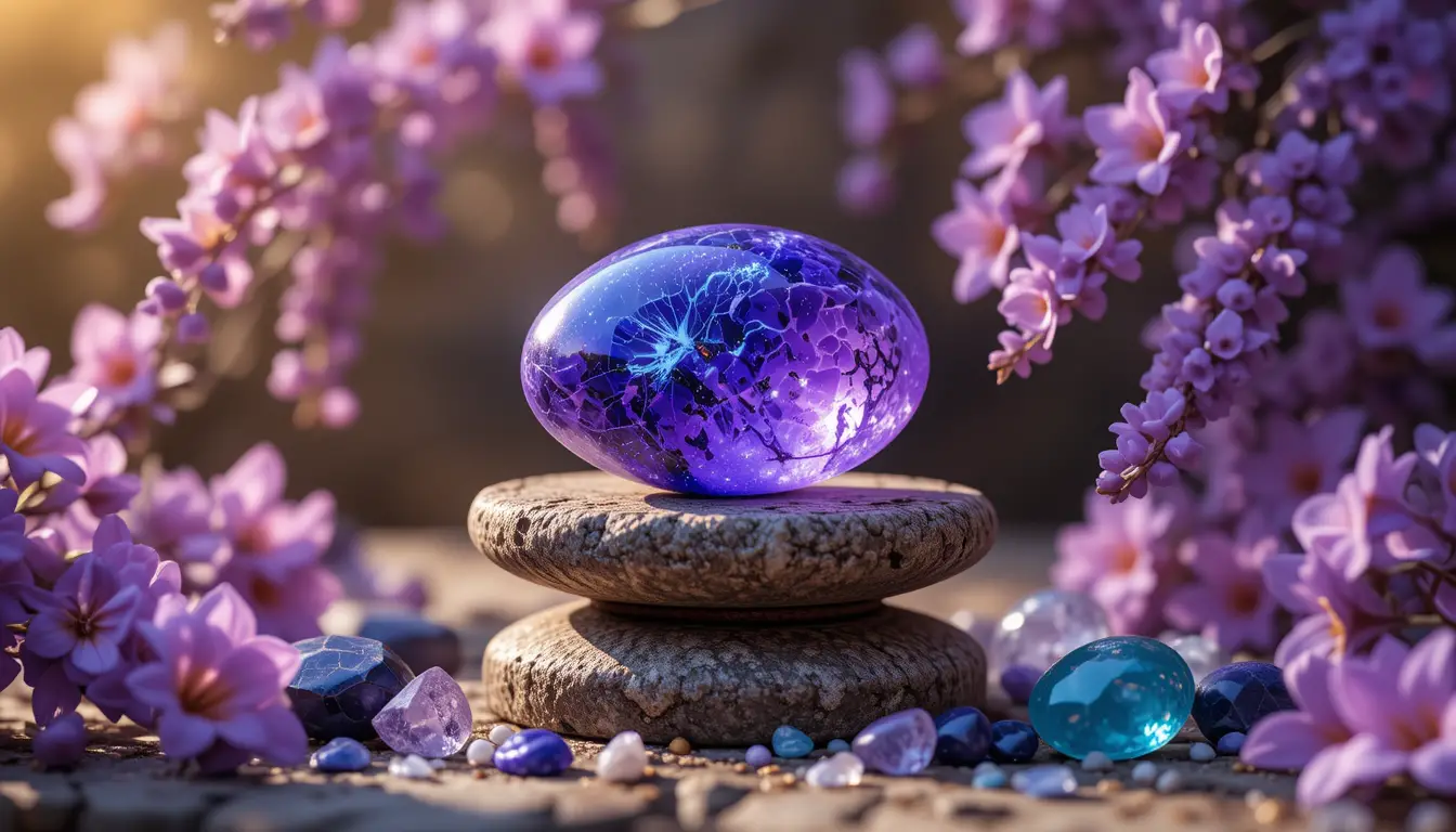 Stillleben mit violettem Edelstein, Blumen und leuchtendem Licht
