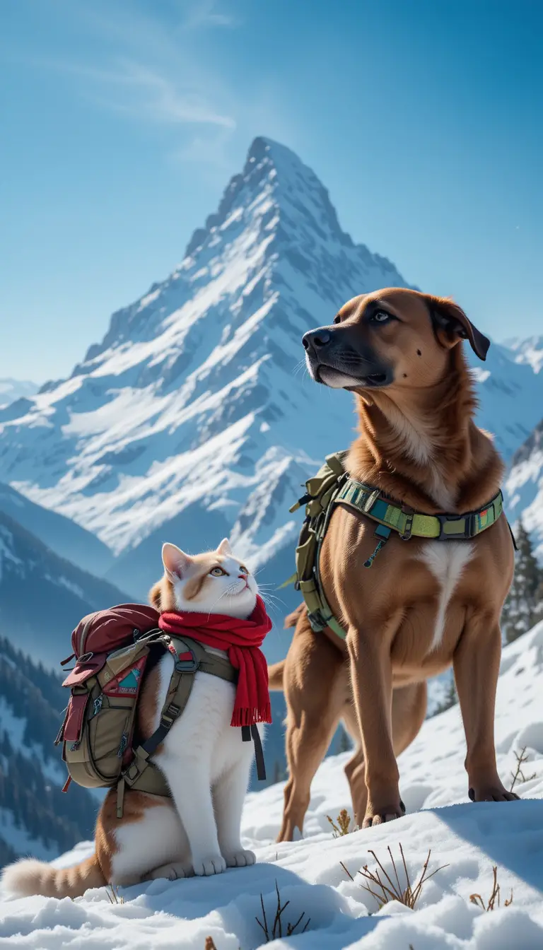 雪山の頂上を見上げる猫と犬