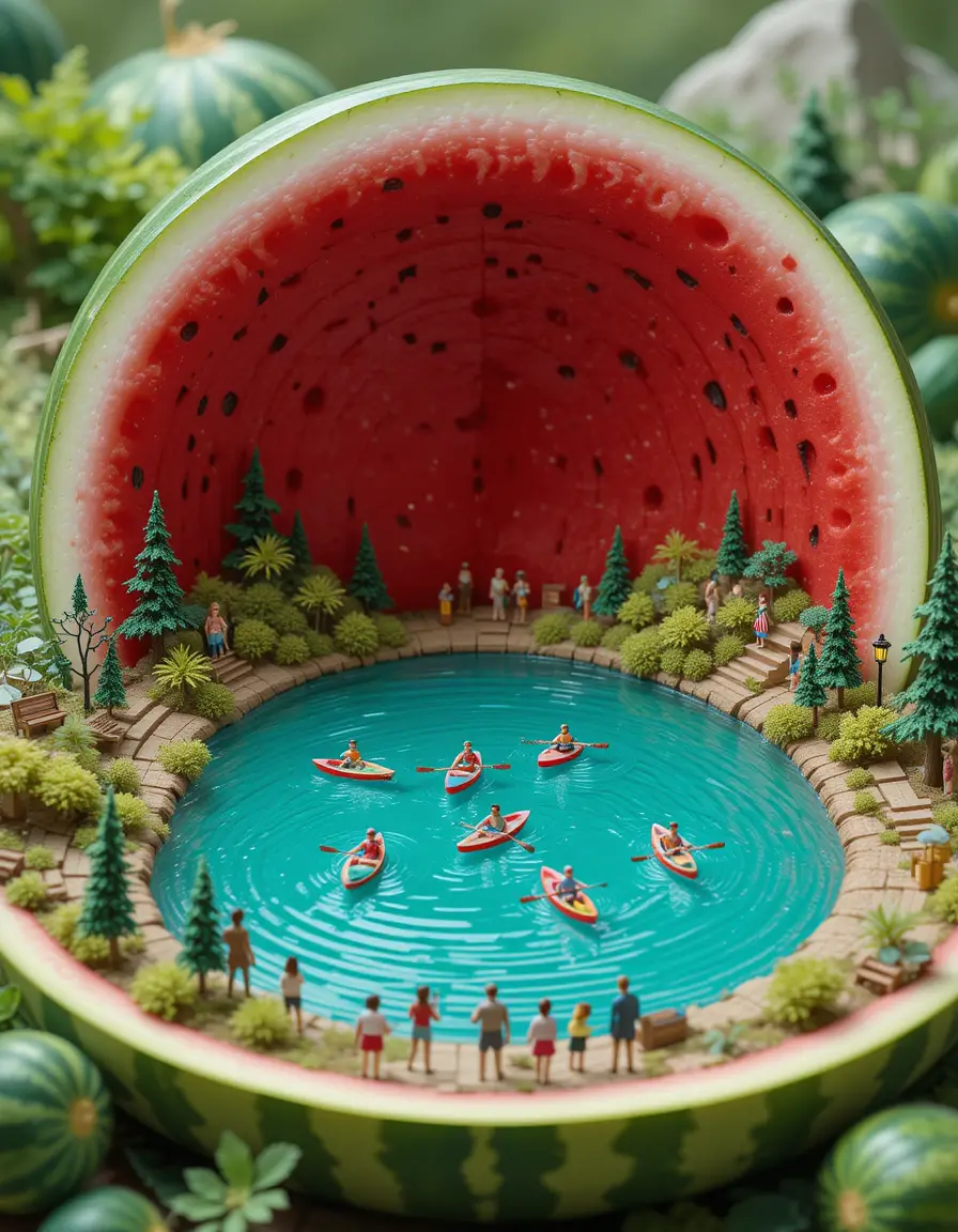 Mundo em Miniatura de Lago Dentro de uma Melancia Gigante