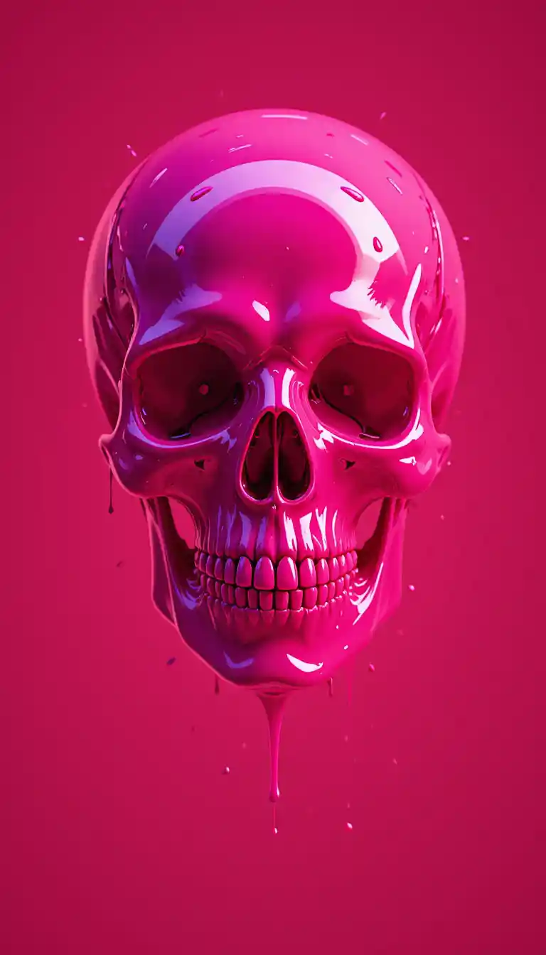 Neon pink skull on glossy abstract background
