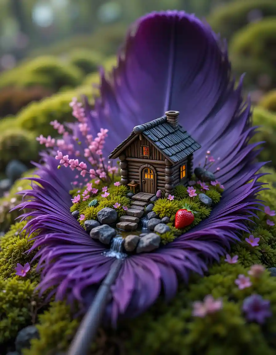 Miniature log cabin on a mossy feather landscape