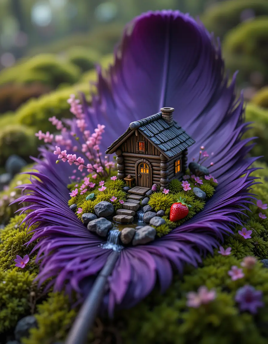 Miniatura di baita in legno su un paesaggio di piume ricoperte di muschio