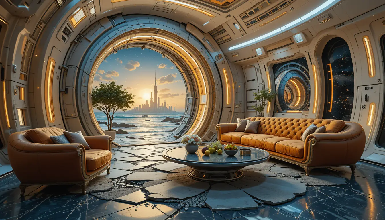 Futuristisches Raumschiff-Wohnzimmer mit leuchtender Sci-Fi-Deko