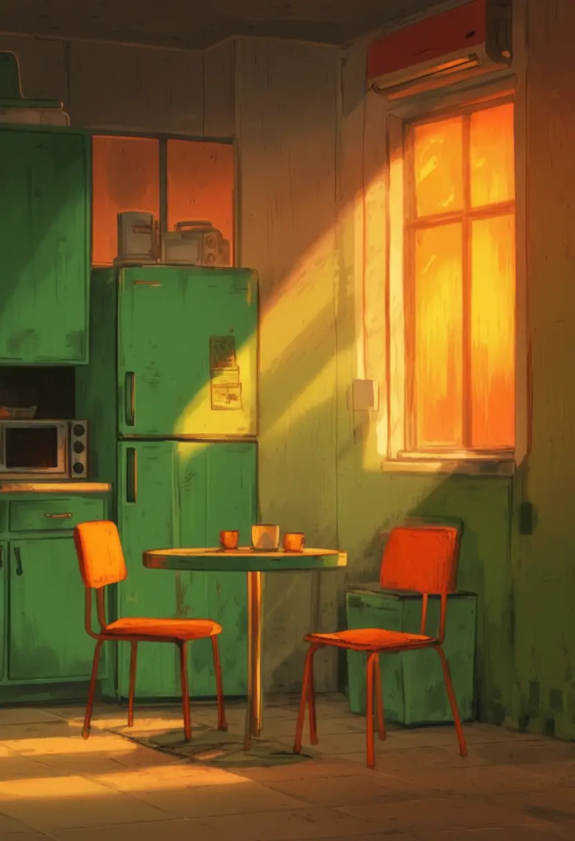 Farbenfrohes digitales Kücheninterieur mit Sonnenuntergangslicht am Fenster