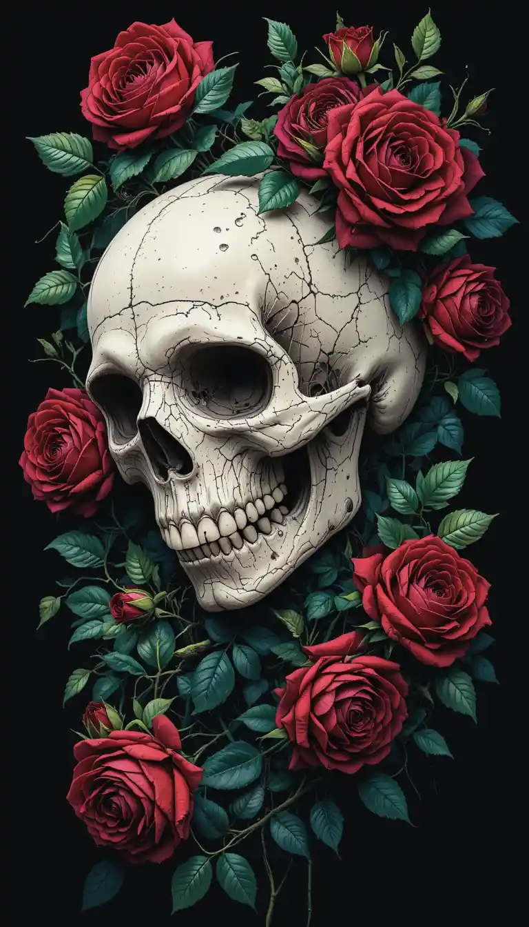White skull with red roses on dark black background