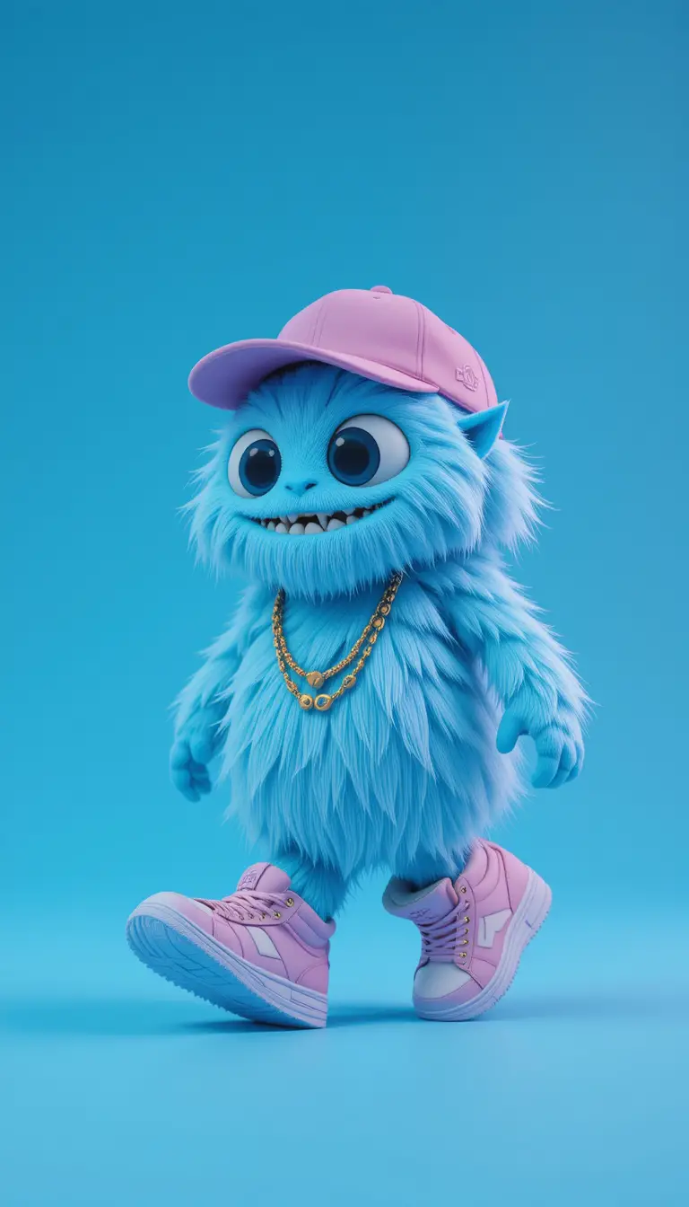 Süßes blaues Monster mit rosa Kappe und klobigen Sneakern