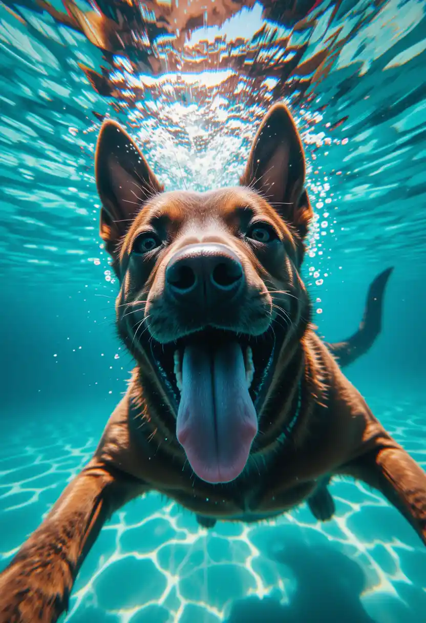 Cane malinois felice che nuota sott’acqua verso la fotocamera