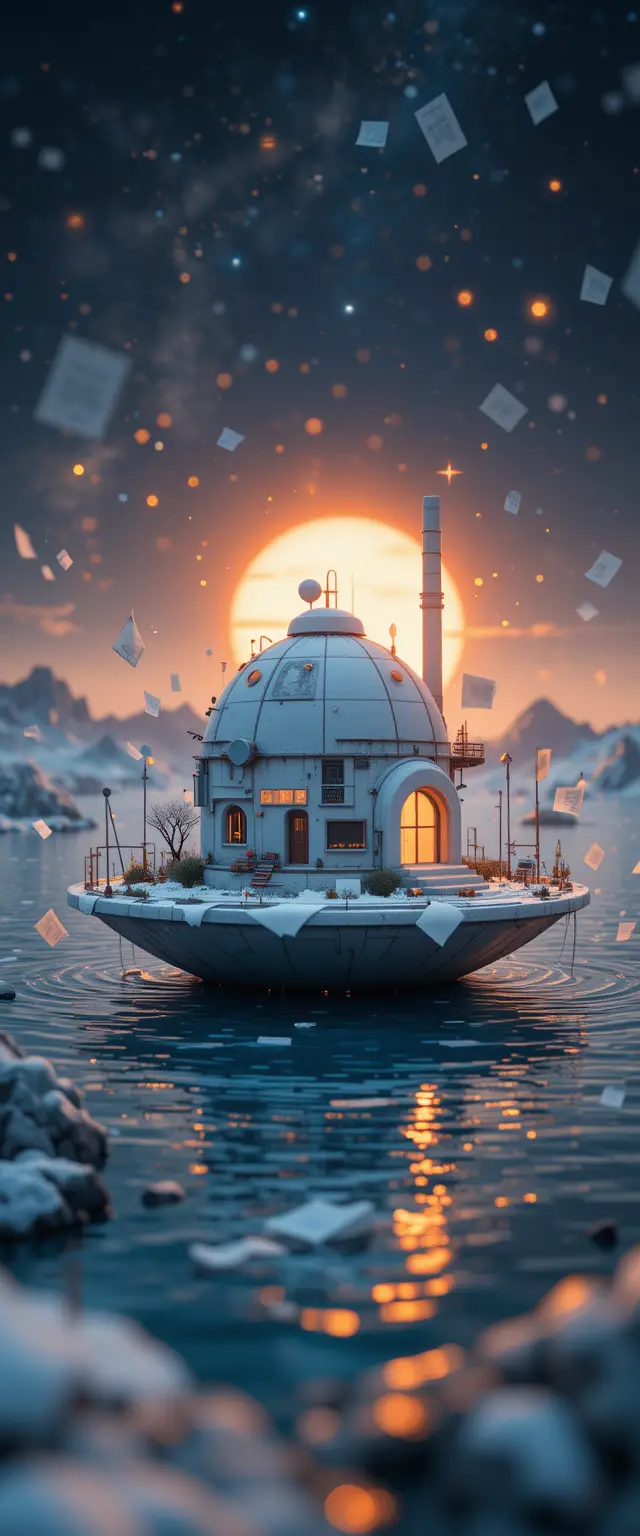 Casa futuristica su isola galleggiante sopra acqua calma e riflettente