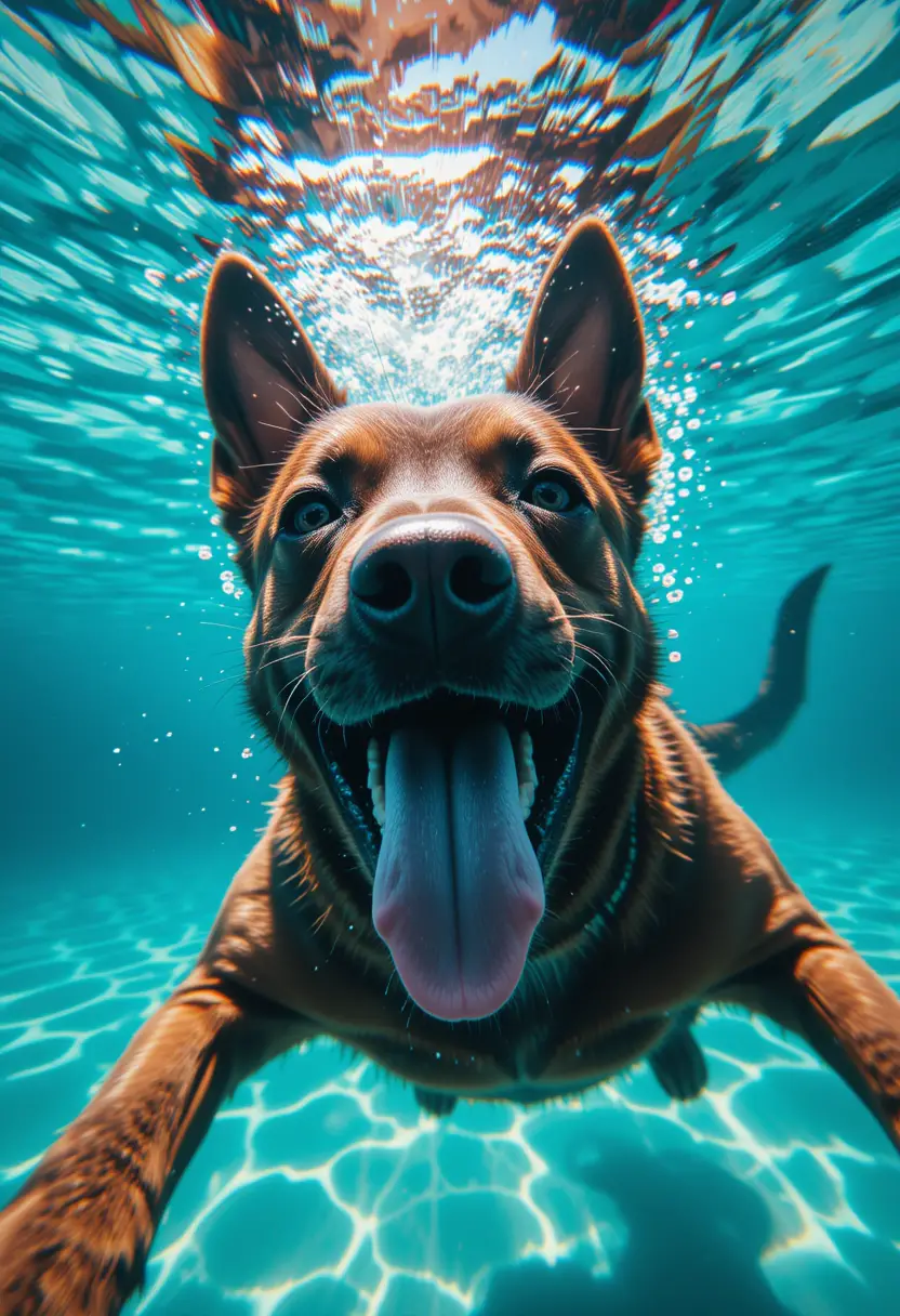 Fröhlicher Malinois-Hund, der unter Wasser auf die Kamera zuschwimmt