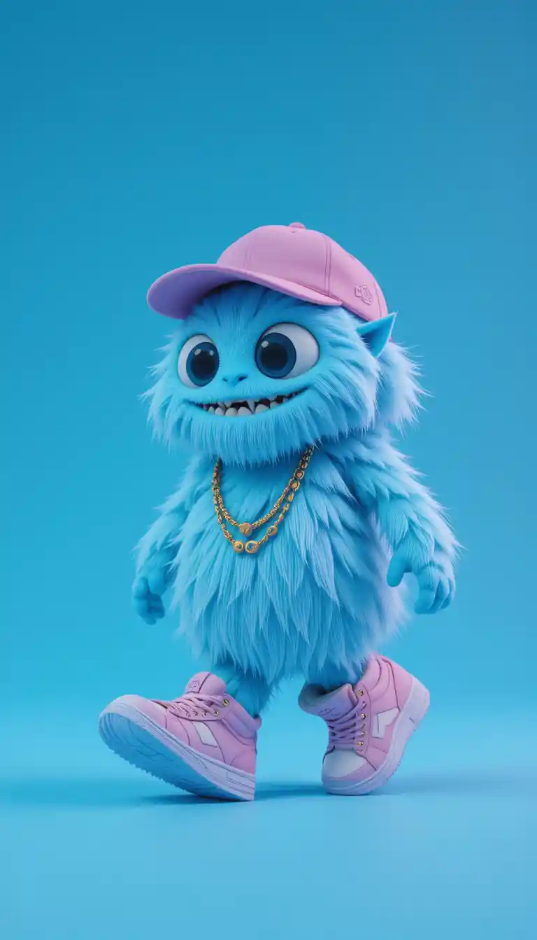 Cute blue monster in pink cap and chunky sneakers