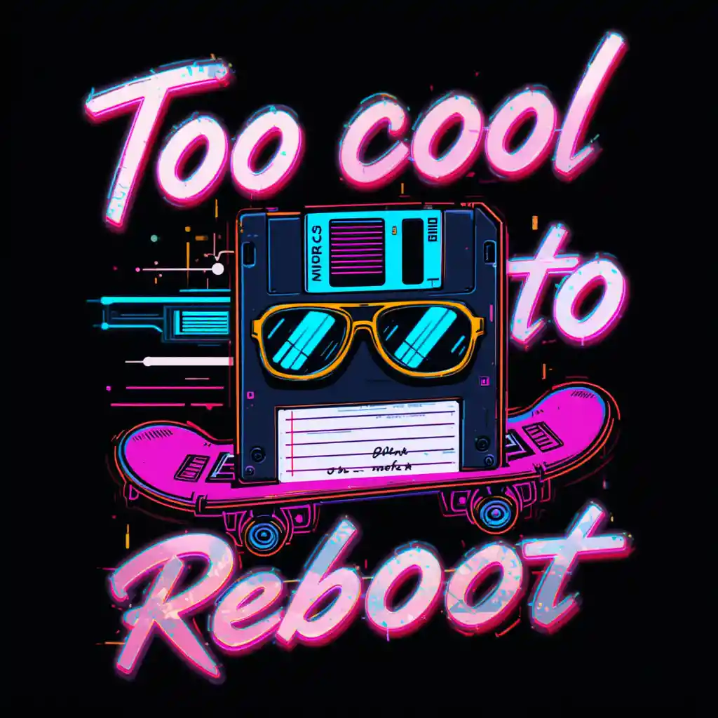 Neon pixel skateboard and retro tech on black background