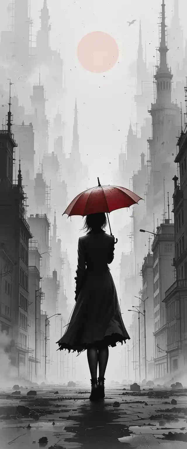 Mujer con paraguas rojo en paisaje urbano surrealista monocromático