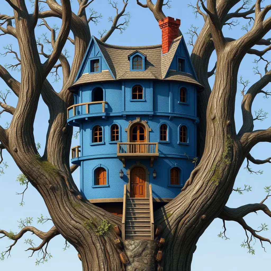 Casa sull’albero medievale blu costruita dentro un albero gigante
