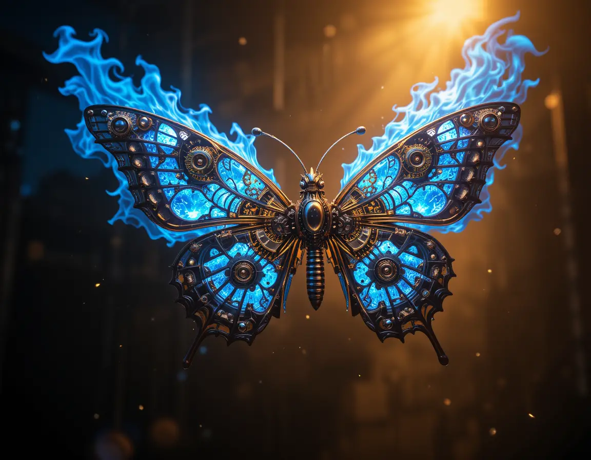 Papillon steampunk mécanique aux ailes de flammes bleues ardentes